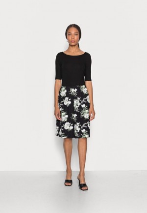 Saty Anna Field Lodné Neck Print Saty With Solid Skirt Jersey Saty Damske Čierne | 961-SYAOTR