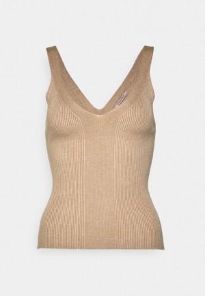 Tricko Anna Field V Neck Panel Top Top Damske Hnede | 439-HYWTMJ