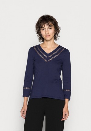Tricko Anna Field V Neck Tape Insert Sleeve Long Sleeved Top Damske Tmavo Modre | 289-XVWDIR